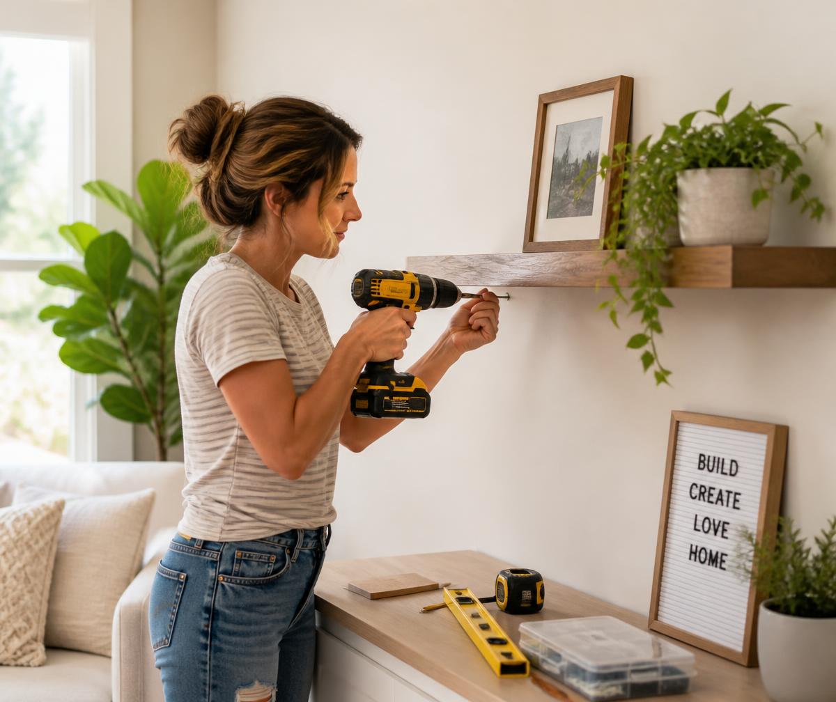Homeowner installing a floating shelf with a cordless drill during a DIY home improvement project